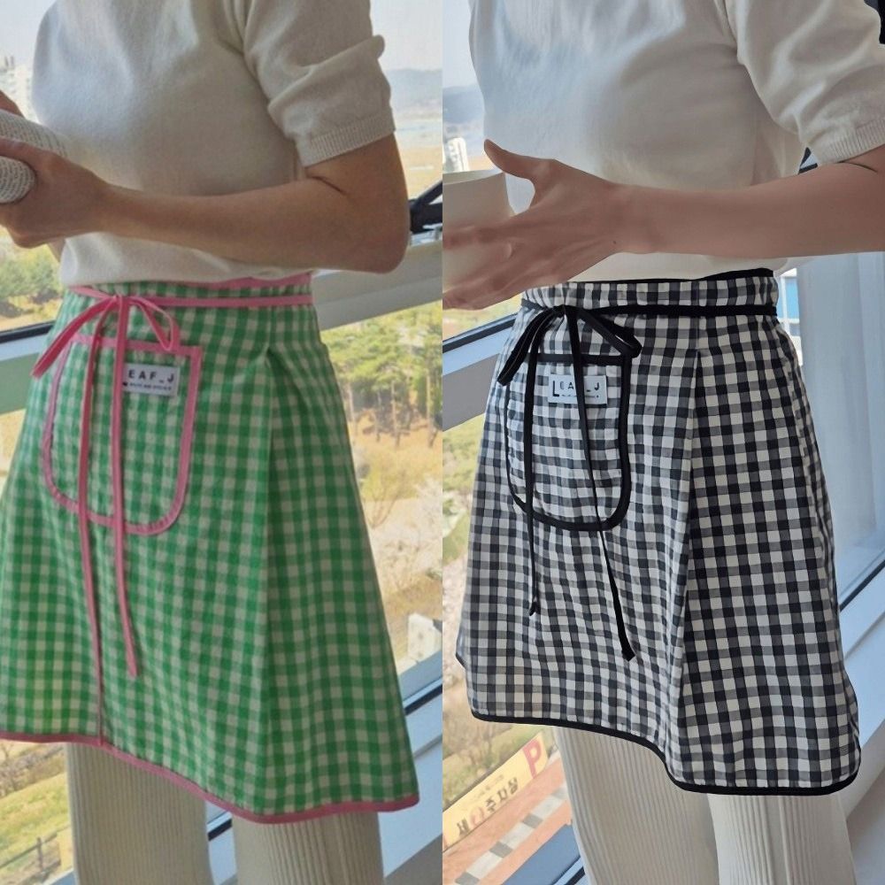 Home Cooking Work - ผ้ากันเปื้อนครึ่งตัวผ้าฝ้ายใหม่ ลายตารางกันเปื้อน ระบายอากาศได้ดี เหมาะสำหรับทำอาหารที่บ้าน